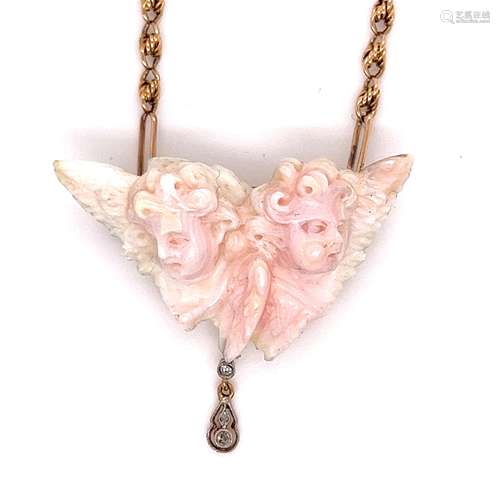 Art Nouveau 18k Coral Angel Face Chain Choker