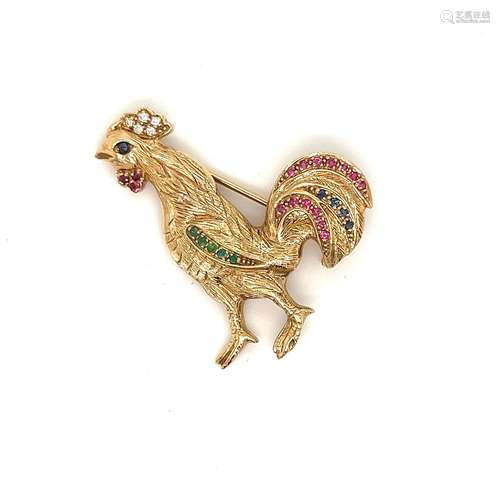 Art Deco 14k Diamond Ruby Emerald Sapphire Rooster Brooch 