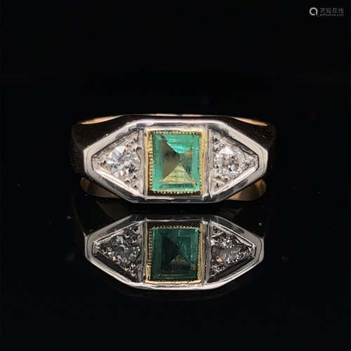 Art Deco Platinum & 18k Diamond Emerald Ring