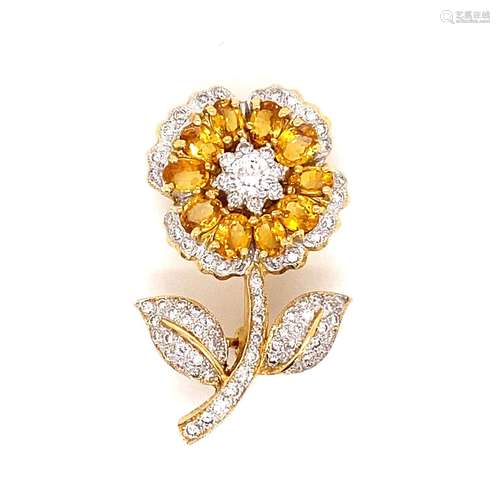 18k Diamond Sapphire Flower Brooch