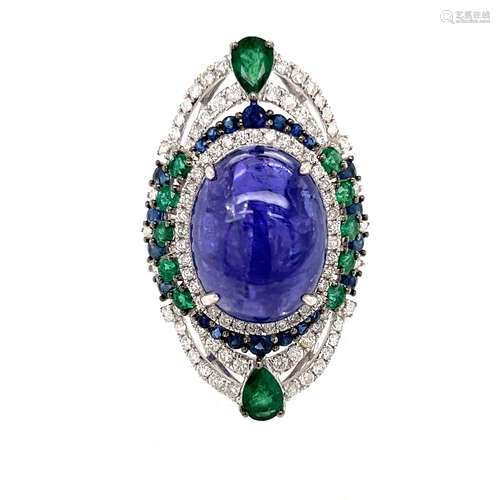 18k Tanzanite Sapphire Emerald Diamond Cocktail Ring