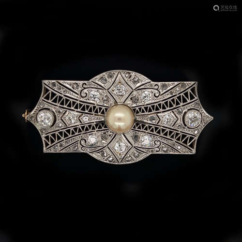 Art Deco Platinum and Gold Diamond Pearl Brooch