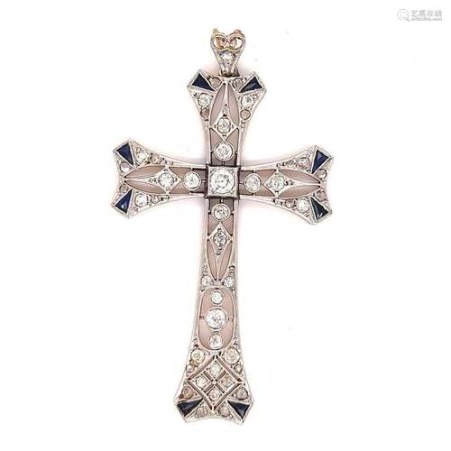 Art Deco 18k Platinum Diamond Sapphire Cross