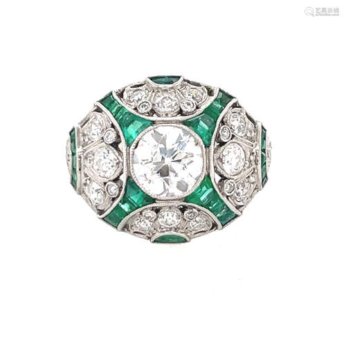 Platinum Art Deco Diamond Emerald Ring