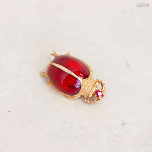 14k Red Enamel Beetle Pin with Ruby