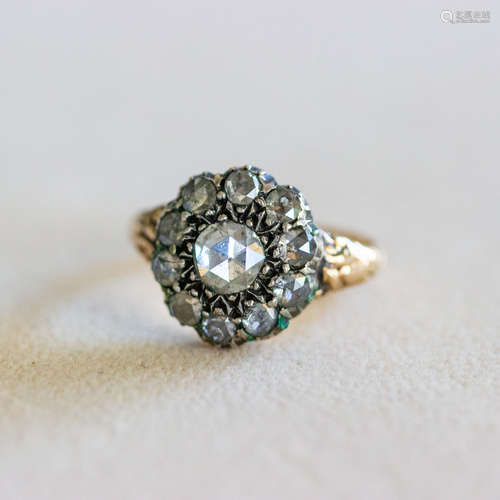 Silver & 14k Georgian Rose Cut Diamond Cluster Ring