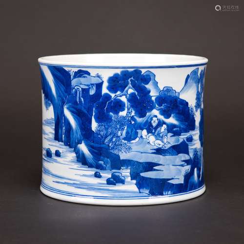 A BLUE AND WHITE 'FIGURAL' BRUSH POT