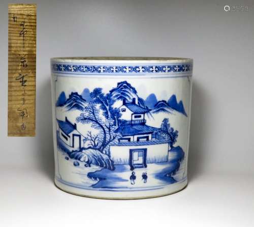 A BLUE AND WHITE 'LANDSCAPE' BRUSH POT, QIANLONG P...