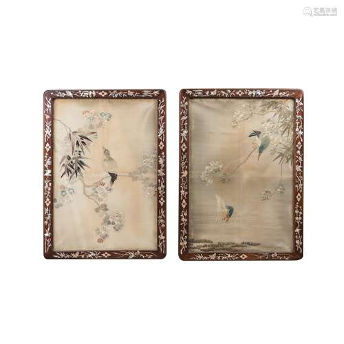 A PAIR OF EMBROIDERED FLOWER AND BIRD FRAMES