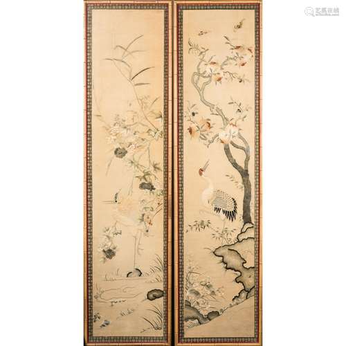 CHINESE EMBROIDERED SILK SCROLLS IN PAIR, FRAMED