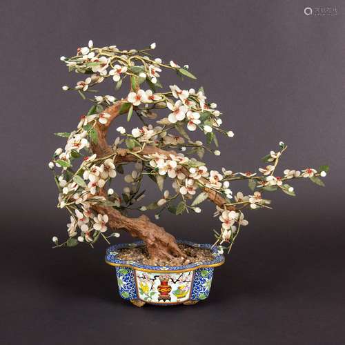 A HARDSTONE TREE IN CLOISONNE ENAMEL JARDINIERE, REPUBLIC PE...