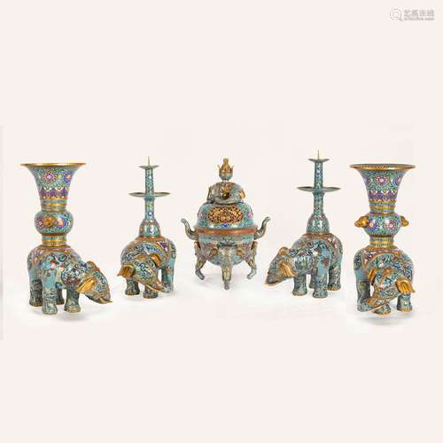 A CHINESE ELEPHANT-FORM CLOISONNE-ENAMEL FIVE PIECE GARNITUR...