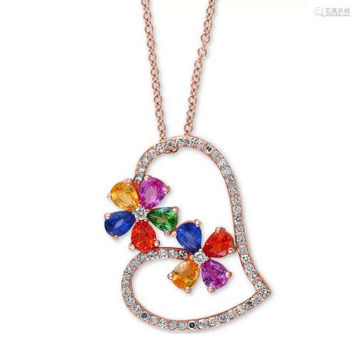 GEMSTONES HEART PENDANT WITH NECKLACE 14K