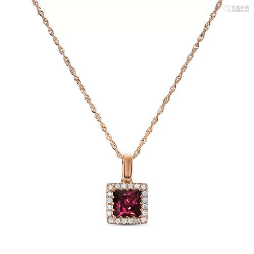 RHODOLITE&DIAMOND SQUARE PENDANT NECKLACE IN 14K ROSE GO...