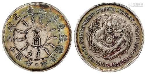 光绪二十四年北洋机器局造凹眼龙细云版壹圆银币/PCGS VF35