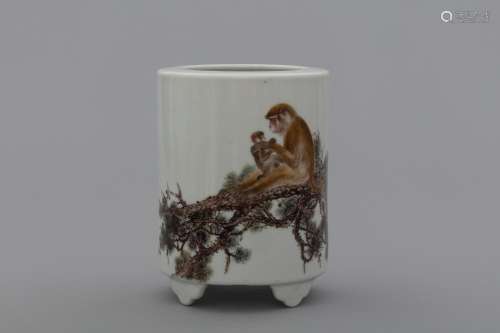 1960s porcelain penbrush container with a monkey holding a b...