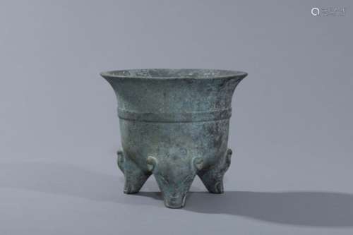 Qing bronze tripot censer supported with 3 legs in form of m...