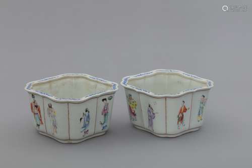 Pair of Late Qing colorful porcelain flowerpots with Chinese...