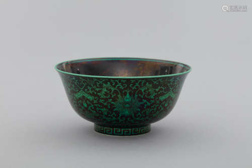 Qing Qianlong sealed black porcelain bowl with green flower ...