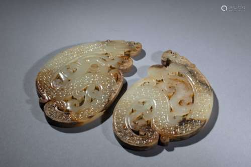 Pair of jade carved pendants with dragon and phoenix