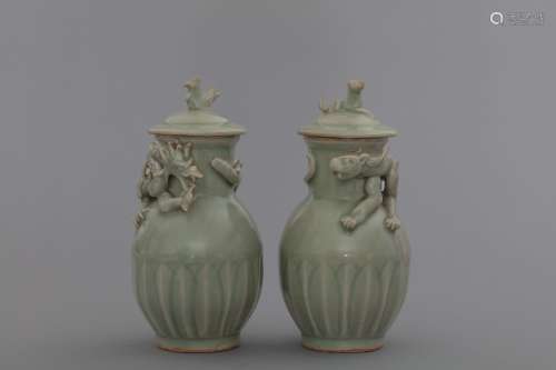 Pair of Song Longquan celadon lidded vases