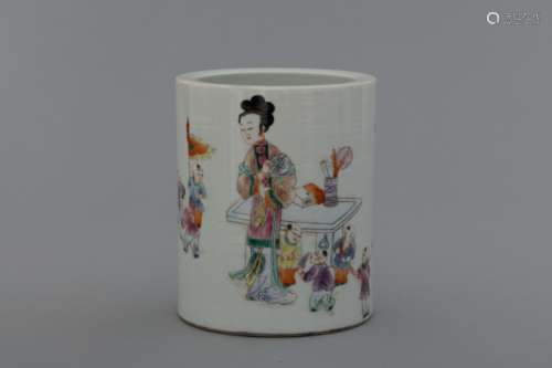 Qing scholar famille rose porcelain container with a mom and...