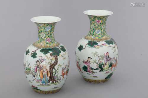 Pair of Qing famille rose figured porcelain vases