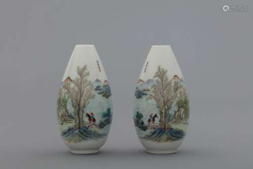 Pair of Late Qing colorful porcelain vases with landscapes