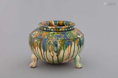 Chinese Tang Sancai tri-colored glazed pottery tripot censer