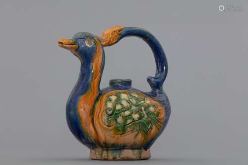 Chinese Liao Sancai tri-colored glazed pottery jug in form o...