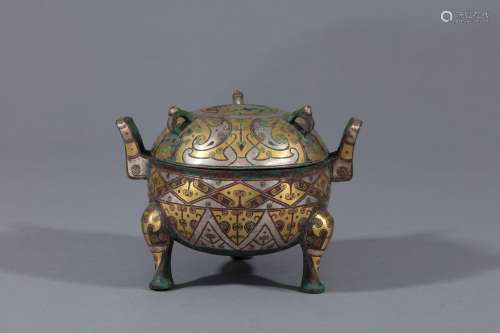 Warring-State period gold,silver inlaid bronze tripot-Ding