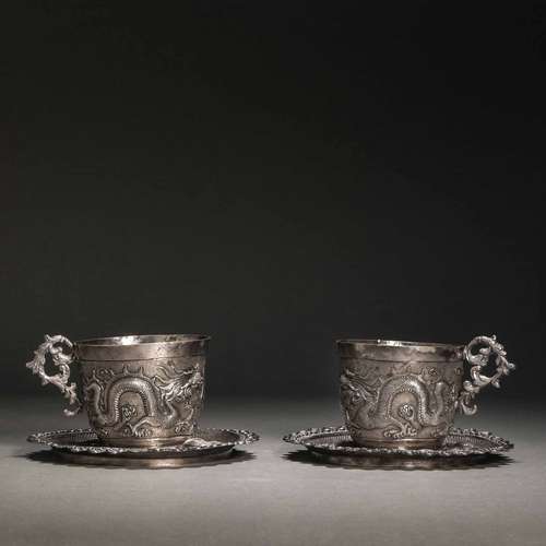 QING DYNASTY SILVER DRAGON CUPS