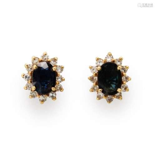A pair of sapphire, diamond and fourteen karat gold earrings