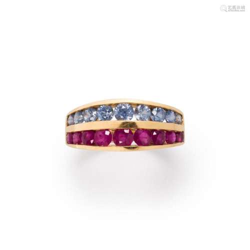 A ruby, sapphire and fourteen karat gold ring