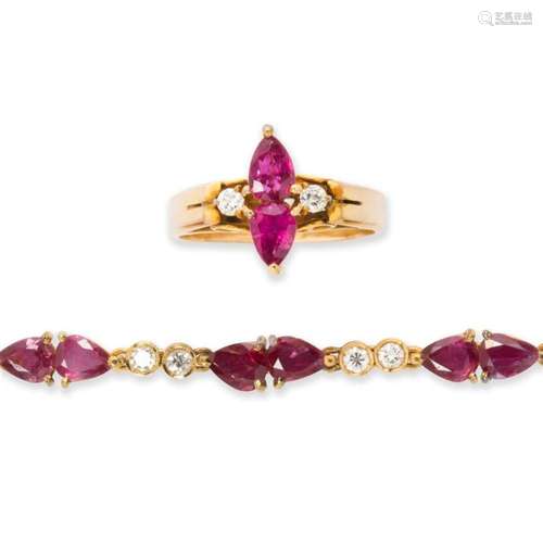 A ruby, diamond and fourteen karat gold ring and bracelet su...