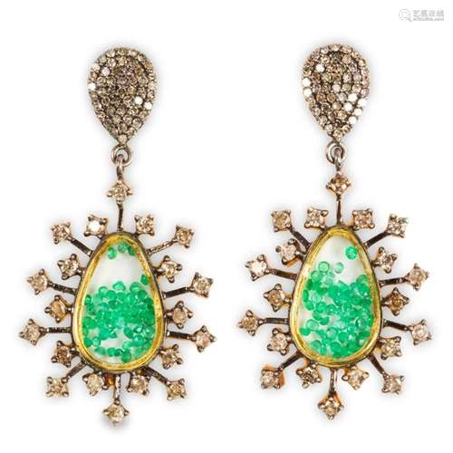 A pair of emerald and diamond earrings