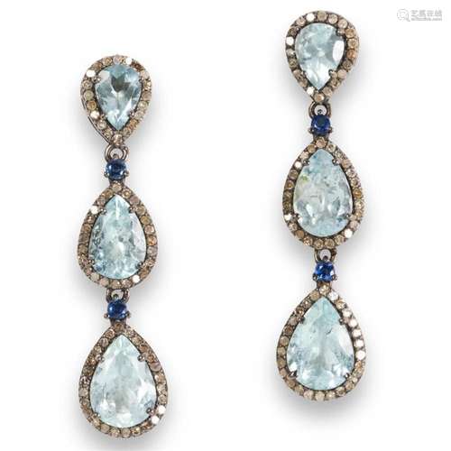 A pair of aquamarine and diamond pendant earrings