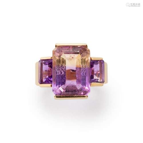 An ametrine, amethyst and fourteen karat gold ring