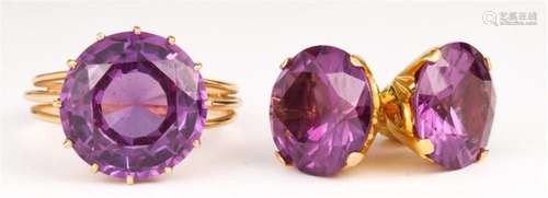 A pair of synthetic color-changing sapphire and fourteen kar...