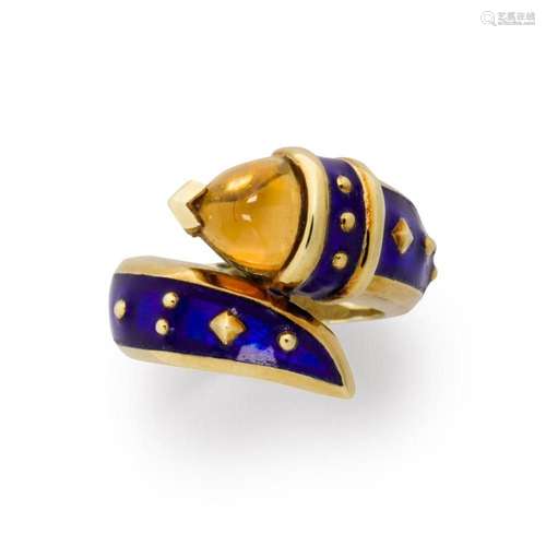 A citrine, enamel and fourteen karat gold ring