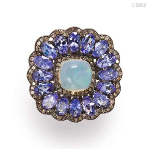 An opal, tanzanite and diamond ring