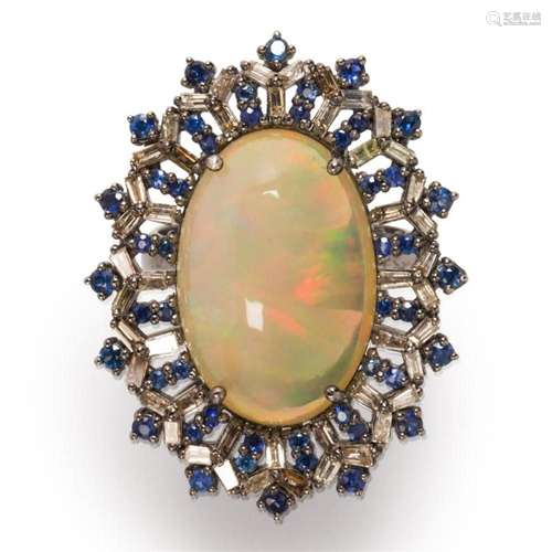 An opal, diamond and sapphire ring