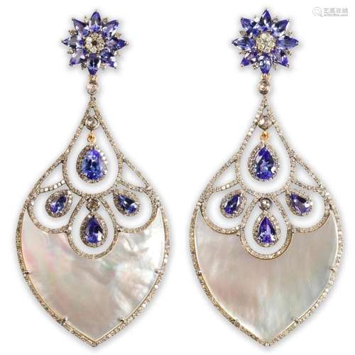 A pair of mother of pearl, tanzanite and diamond earrings