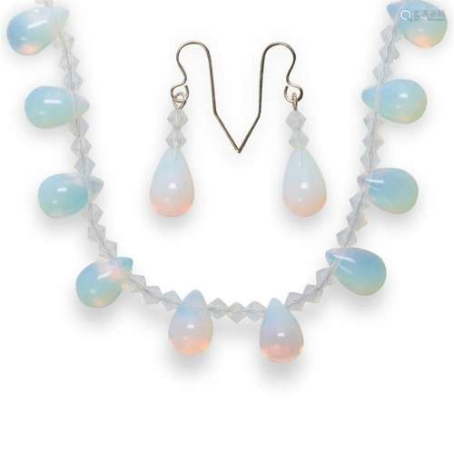 A pair of opalite and sterling silver earrings and necklace ...