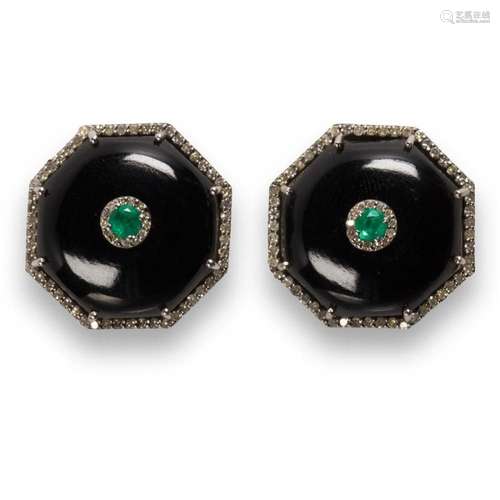 A pair of onyx, diamond and emerald stud earrings