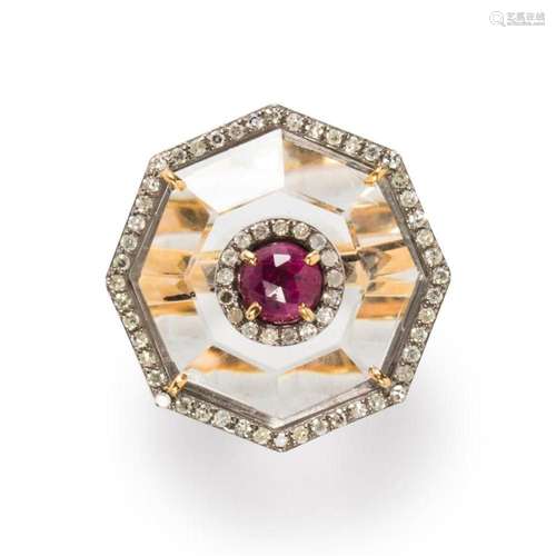 A rock crystal, ruby and diamond ring