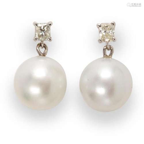 A South Sea pearl, diamond and eighteen karat white gold ear...