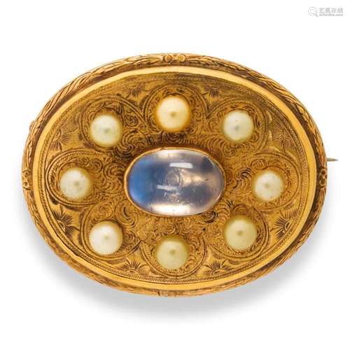 A cultured pearl, moonstone and fourteen karat gold brooch