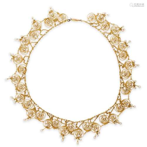 A Victorian seed pearl and eighteen karat gold necklace