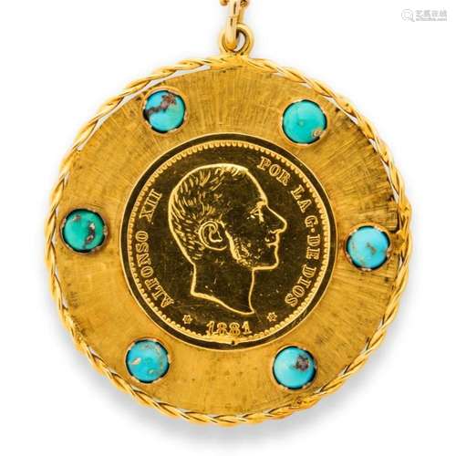 A gold coin, turquoise and gold necklace